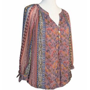 Fig & Flower boho mauve multicolor floral & stripe peasant top blouse womens M